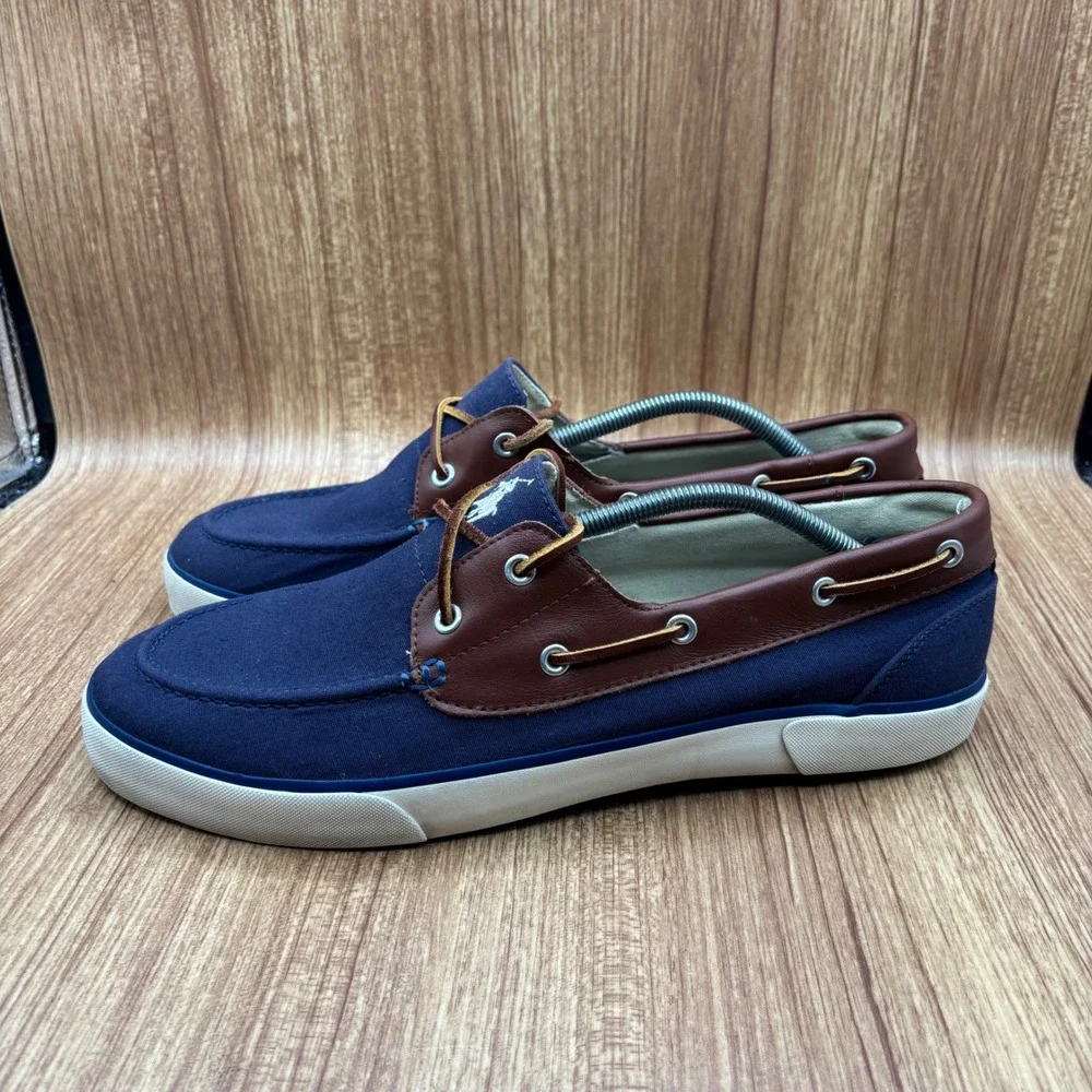 Polo Ralph Lauren Rylander Boat Shoe Navy Brown Men Size 13 D Canvas Leather